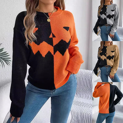 Halloween Contrast-color Pullover Sweater Fashion Long Sleeve Knitted Tops For Womens Clothing EXCHANGE THRIFT
