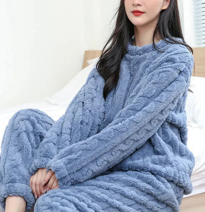 Winter Pajamas Sets Homewear Solid Color Loose Thickened Coral Velvet Pullover Long Sleeves And Trousers Warm Pajamas Indoor Outdoor Casual Clothes EXCHANGE THRIFT